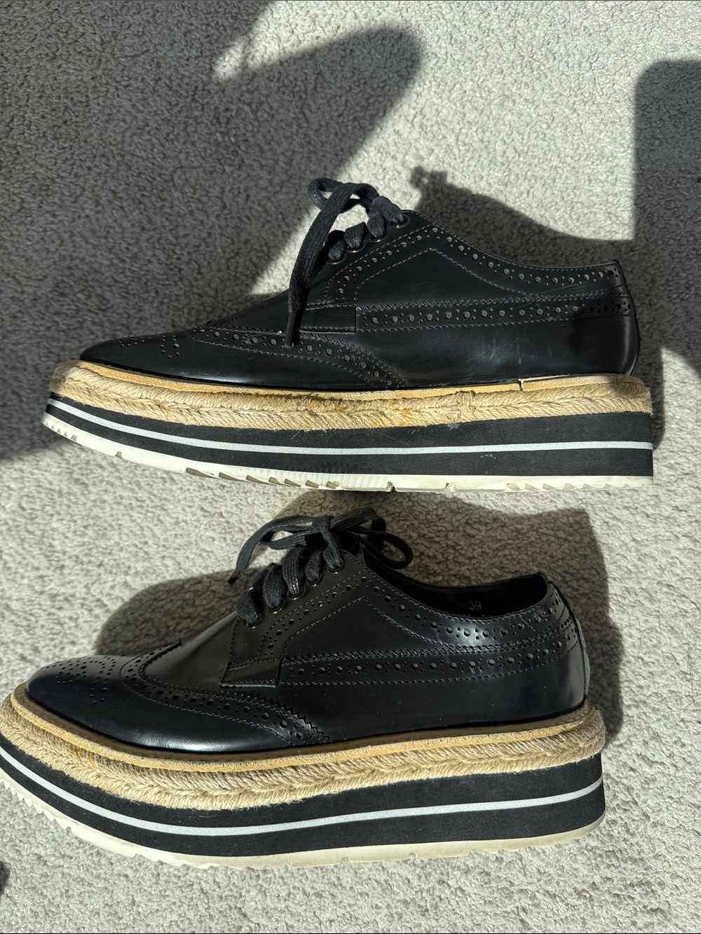 Prada Black Leather Brogues with Natural Tan Platform Sole - Picture 7 of 16